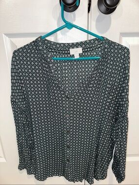 J. Jill Dark Teal and White Printed Blouse